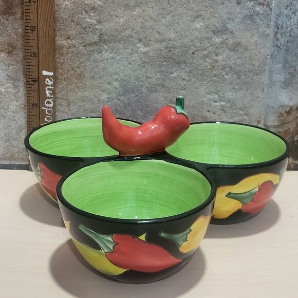 Clay Art Condiment Dish 3 Section Bowl Relish Chili Pepper Jalapeno Center - Picture 10 of 11